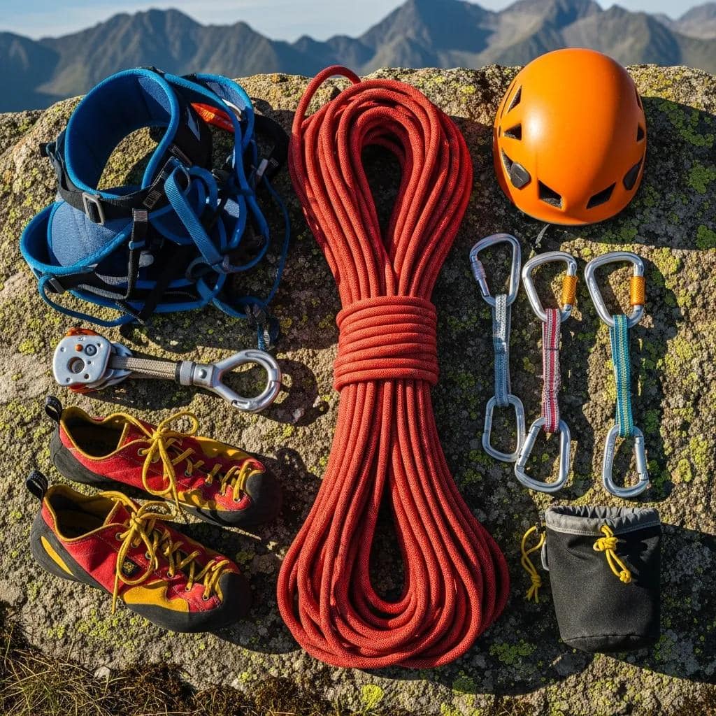 Comprehensive mountaineering gear collection including climbing ropes harnesses helmets carabiners belay devices ice axes crampons mountaineering boots and complete technical equipment representing the level of gear competence that 12 months of mountaineering training prepares climbers to use effectively at altitude with the aerobic capacity to carry these expedition loads of 25 to 50 pounds over varied terrain the strength to handle technical sections the climbing-specific endurance for multi-day expeditions and the mental preparation to perform under fatigue and adverse conditions on objectives ranging from Mount Rainier to Aconcagua to Denali to the 8000 meter peaks of the Himalaya