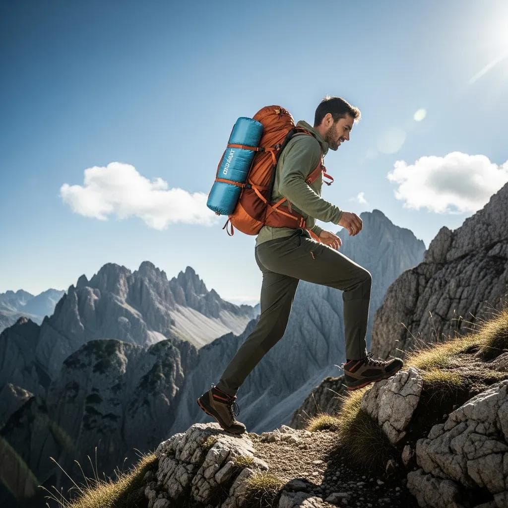 Hiker carrying a backpack on a mountain trail