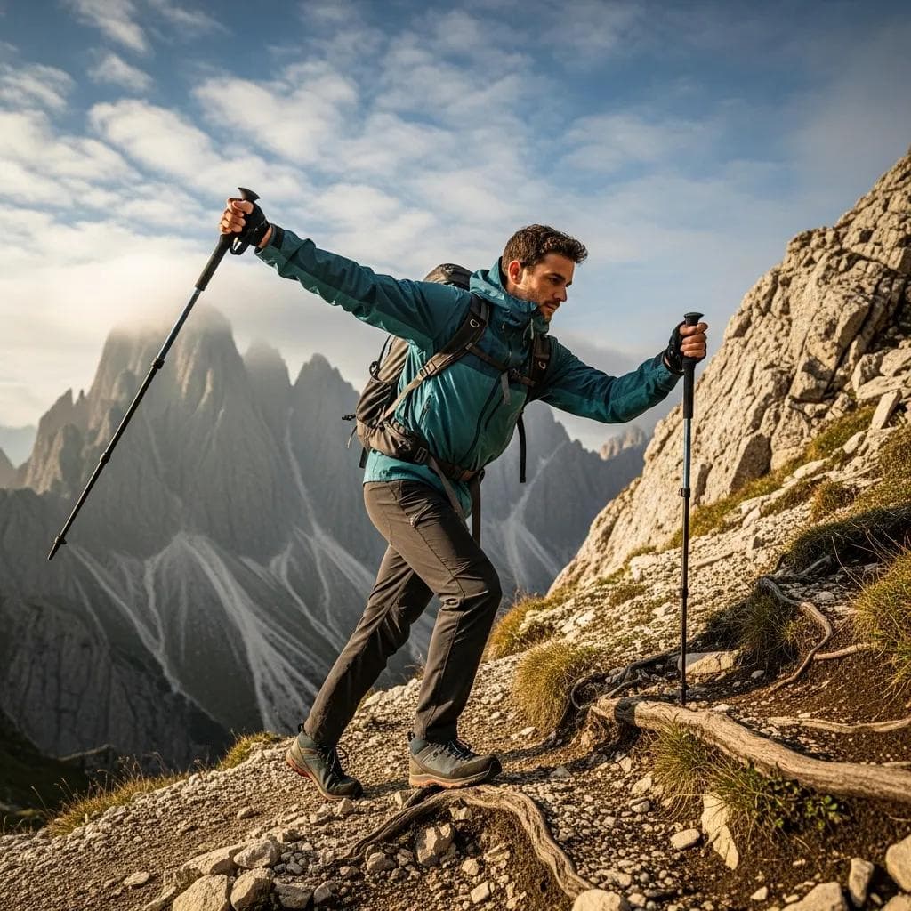 Hiker using trekking poles on a steep mountain trail
