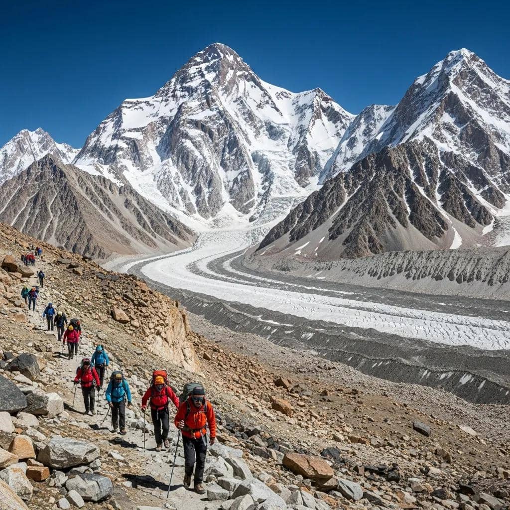 Trekkers approaching K2 Base Camp through the Karakoram mountains of Pakistan