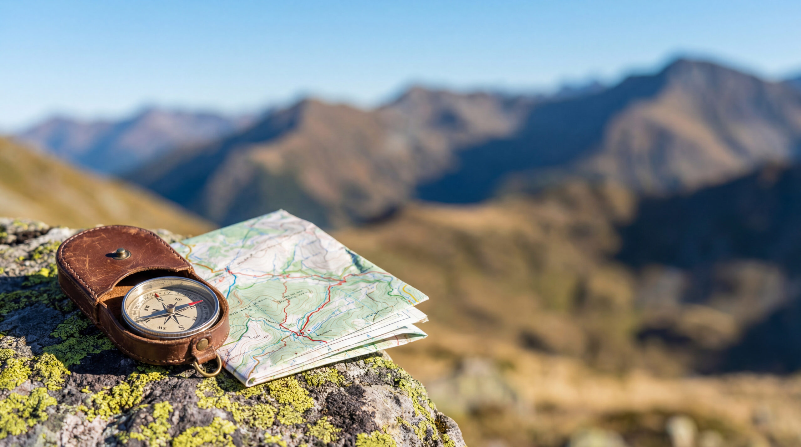 Compass and map on a mountain used for route planning