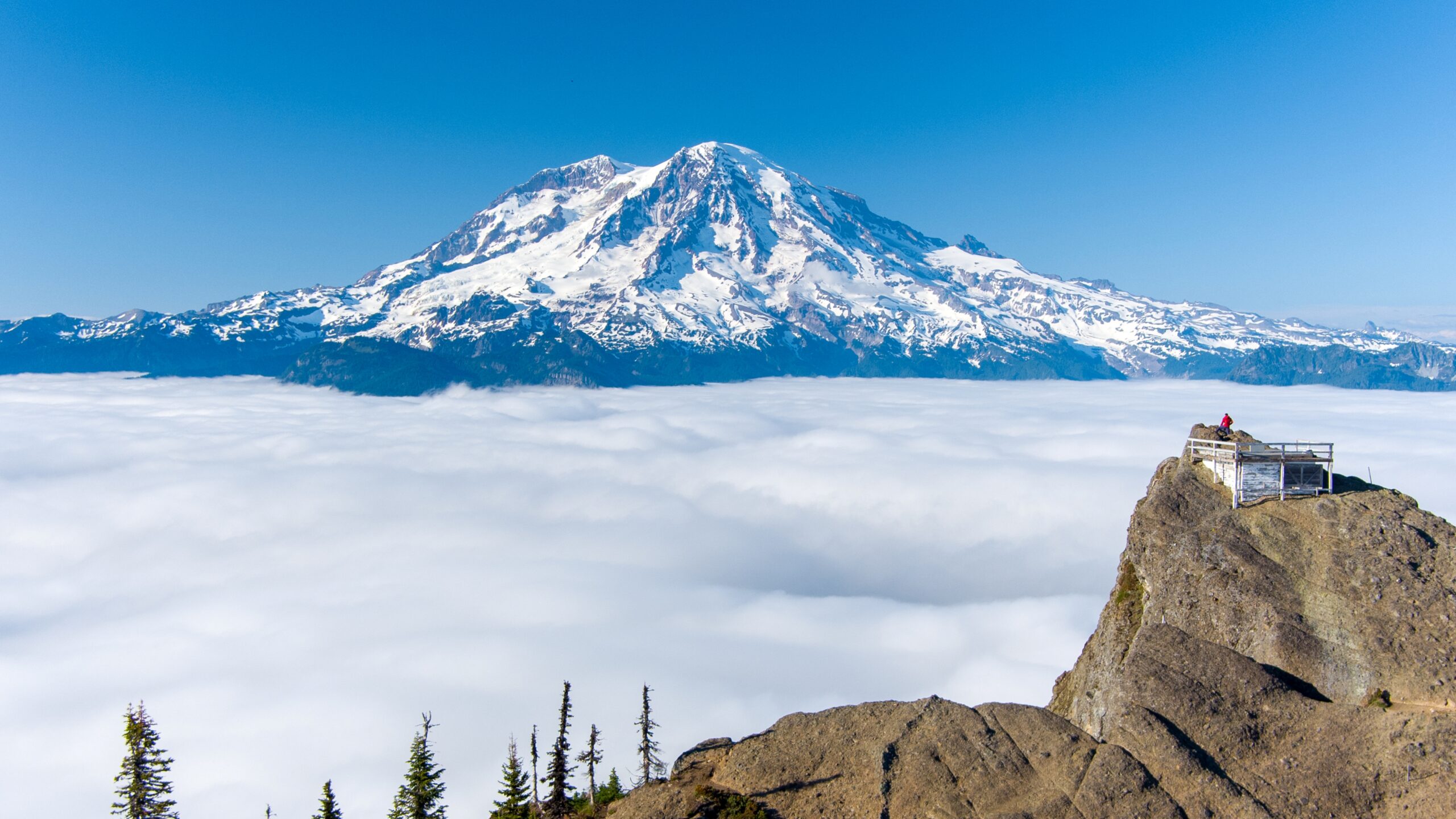 Mount Rainier above the Cascade Range, representing progression from beginner mountains to major glacier climbs