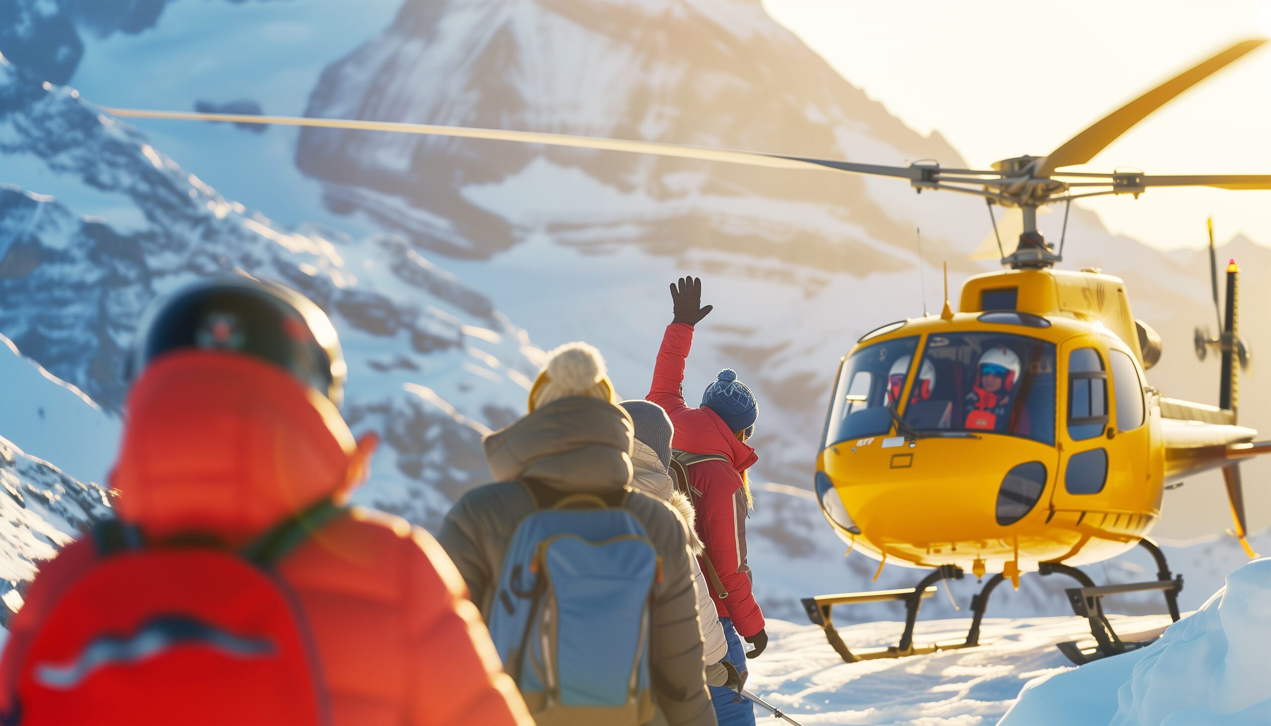 A rescue helicopter against a cold high-altitude sky