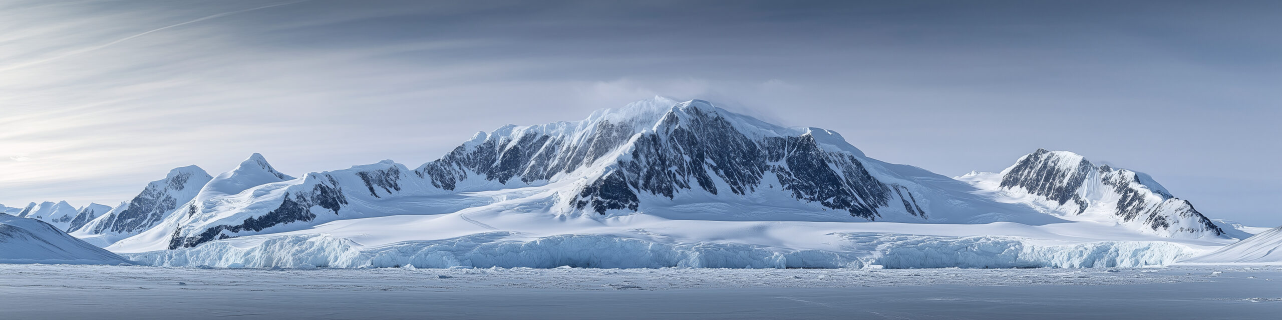 Broad glaciated peaks of the Sentinel Range and Mount Vinson in Antarctica