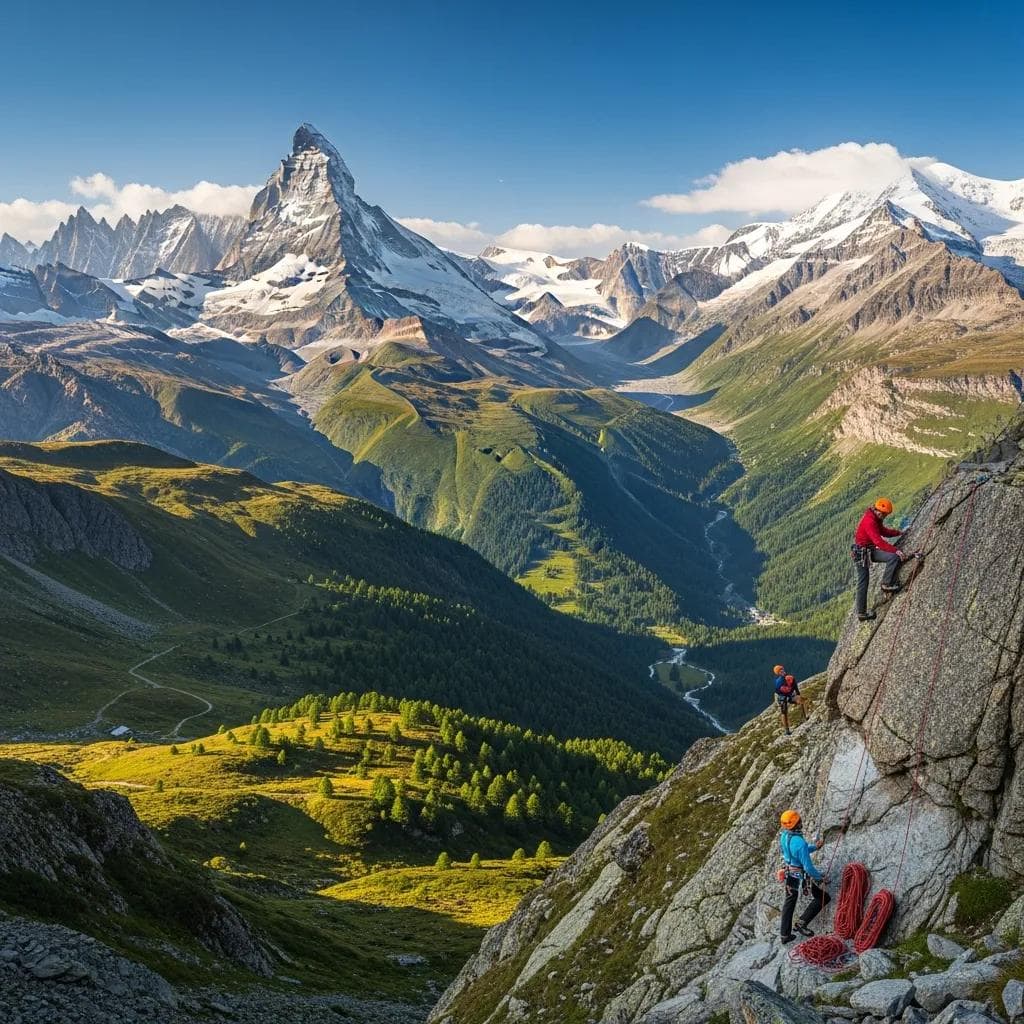 Swiss Alps in late summer with high peaks, green valleys and lingering snow