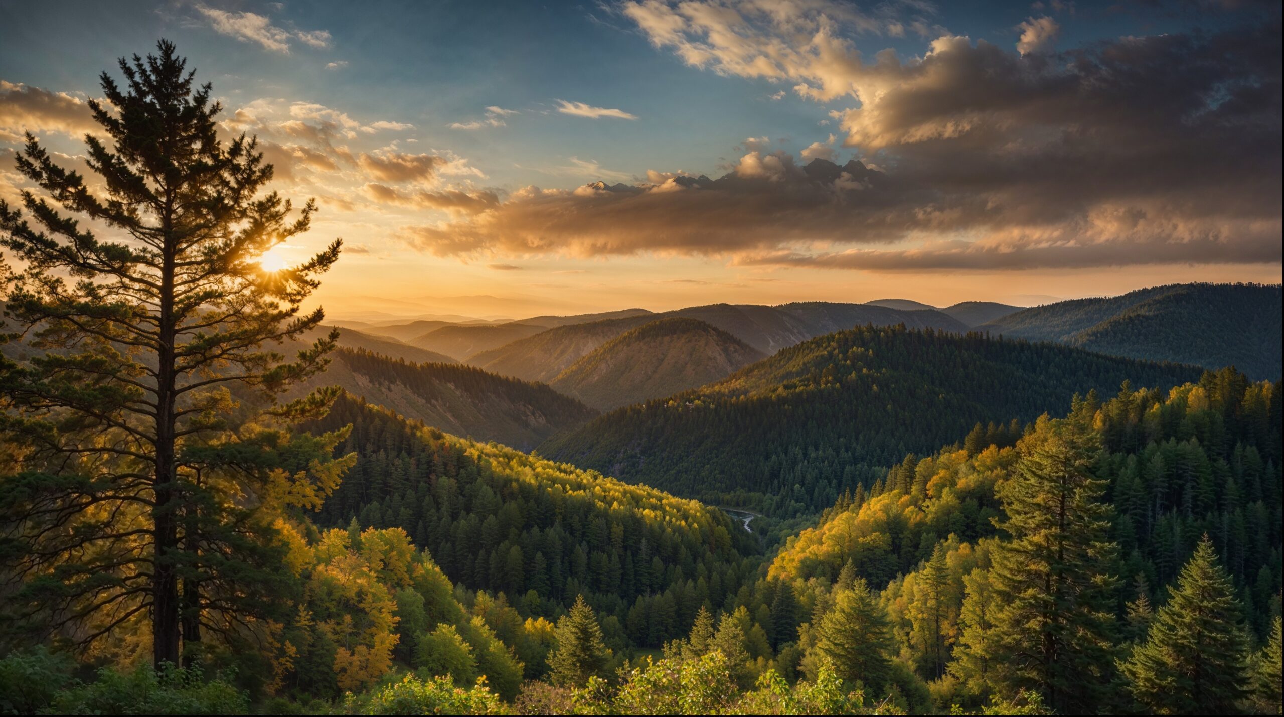Sunset over forested American mountain ridges, representing the range of USA climbing objectives from Alaska to the Appalachians