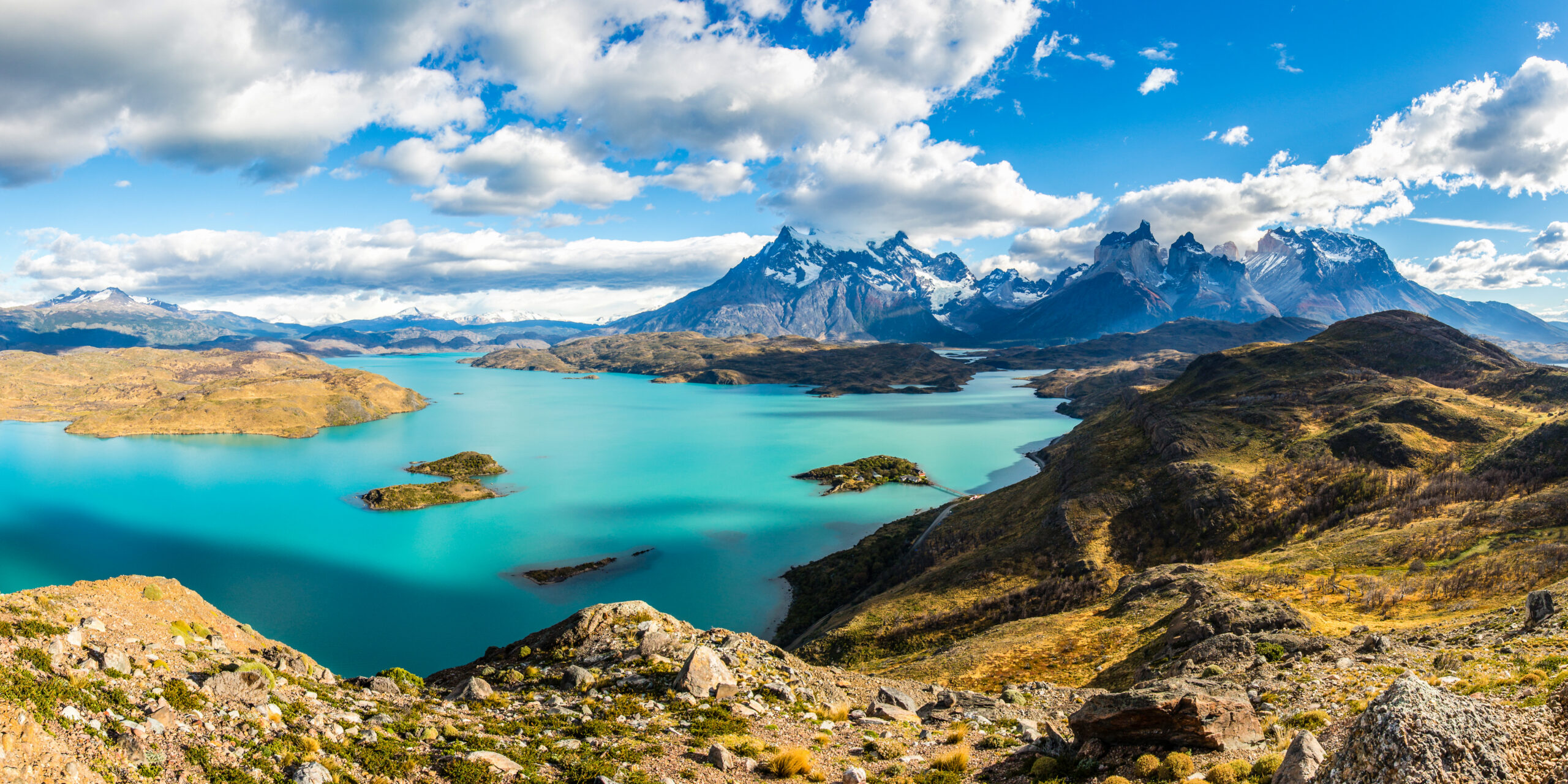 Hikers trekking in Torres del Paine National Park Chilean Patagonia on one of the park well-marked CONAF trail network routes during the October to April austral summer high season showing the typical hiking experience that draws approximately 270,000 visitors per year to the 242,242 hectare UNESCO Biosphere Reserve in the Magallanes Region of southern Chile with the dramatic granite peaks of the Paine Massif and the surrounding Patagonian steppe landscape demonstrating the world famous trekking destination that hosts the W Trek 71 to 76 kilometers 4 to 5 days the O Circuit 110 kilometers 7 to 10 days the Base Torres day hike 22 kilometers 850 meters of elevation gain plus dozens of shorter day hike options accessible from in-park lodging or from Puerto Natales day touring