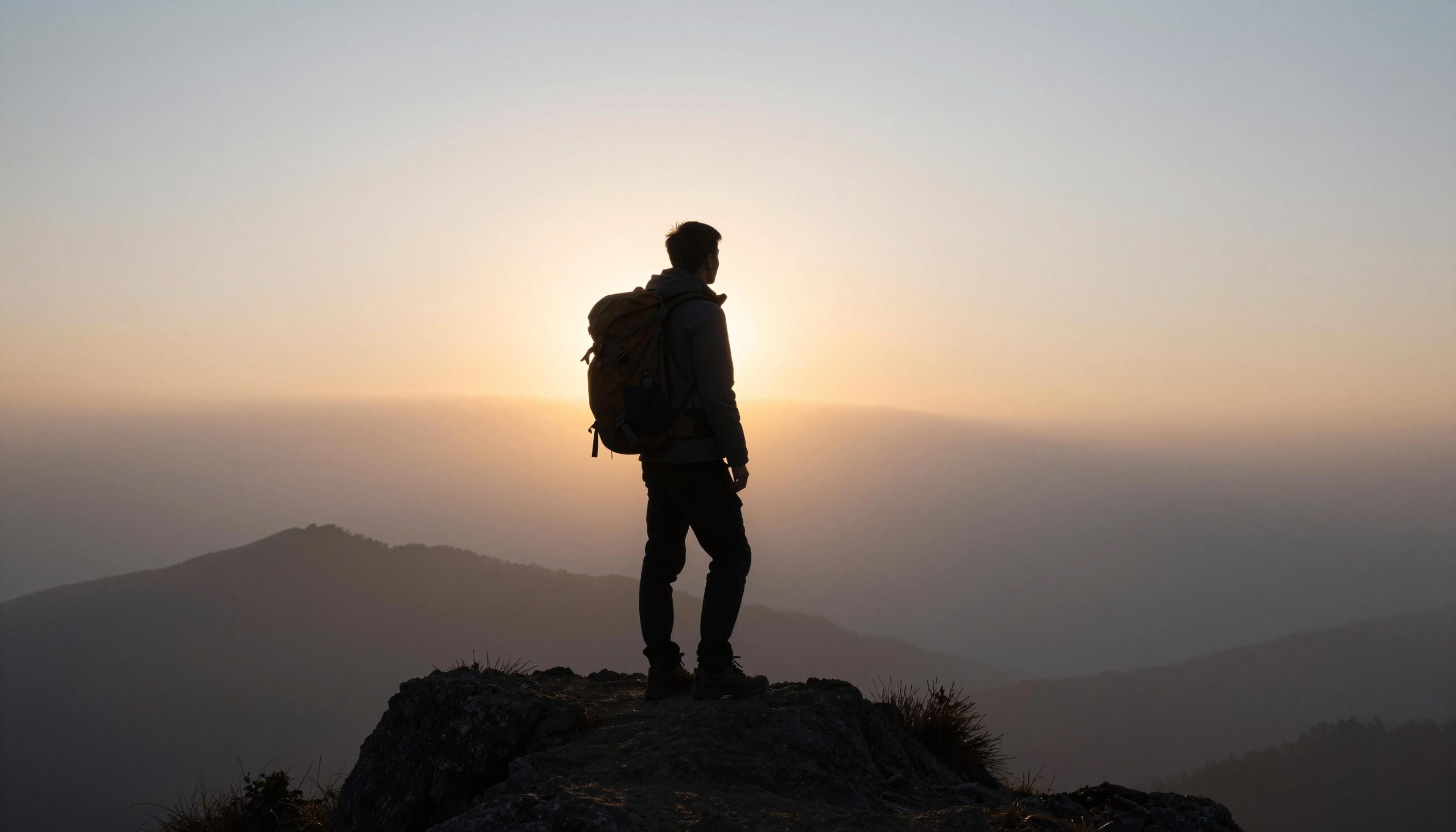 Backpacked hiker on a mountain summit overlooking distant ridges