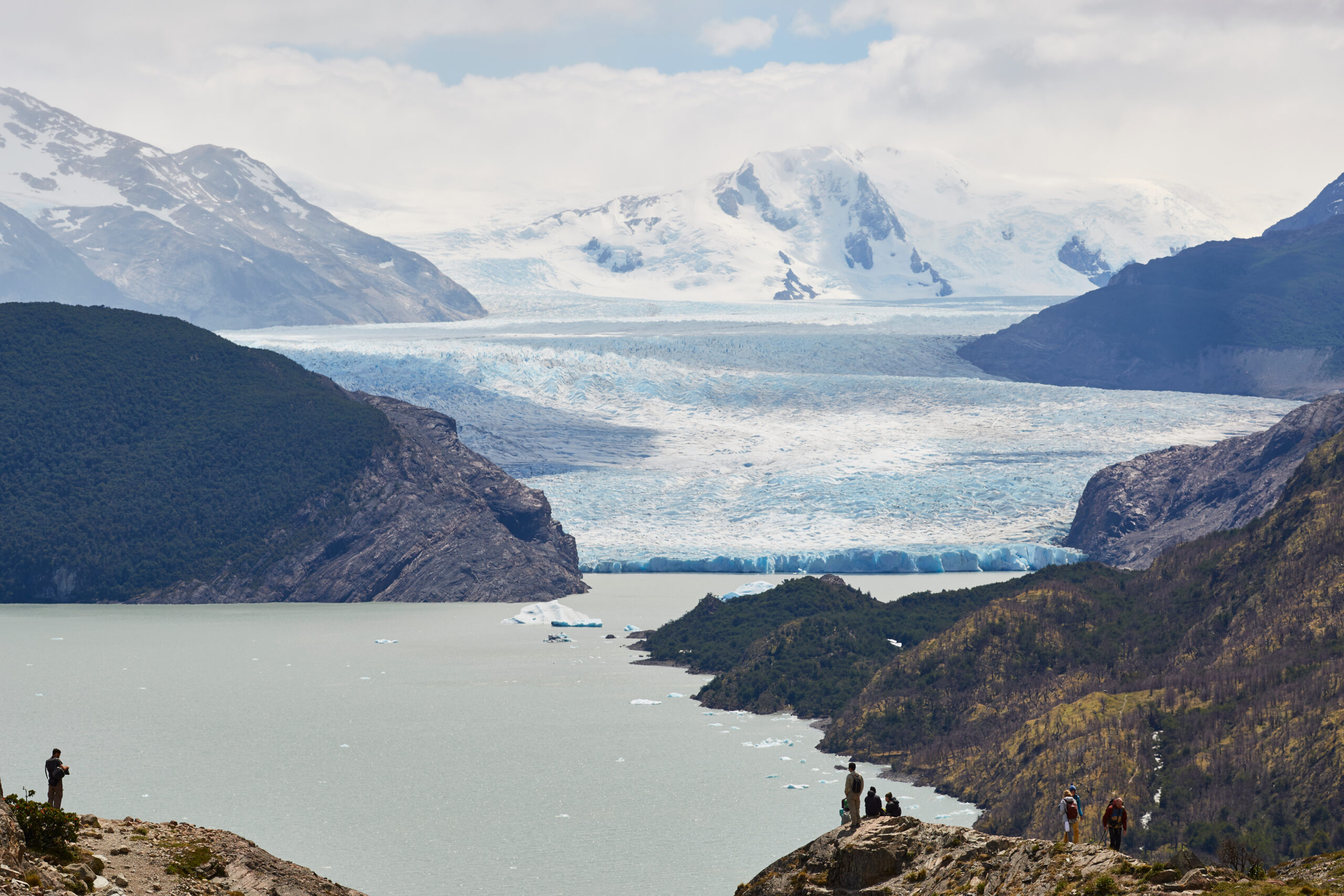 Glacier Grey Glaciar Grey dramatic blue glacier terminus in Torres del Paine National Park Chilean Patagonia showing the 30 to 40 meter ice cliff face calving icebergs into Lago Grey with the glacier descending from the Southern Patagonian Ice Field the world second largest contiguous extra polar ice mass after the Greenland Ice Sheet with the glacier approximately 6 kilometers wide at its terminus extending back approximately 28 kilometers into the ice field viewed from the Mirador Grey viewpoint reached after the 22 kilometer round trip day hike from Refugio Paine Grande the western leg of the W Trek the largest glacier in Torres del Paine National Park and the most accessible major ice feature with bright blue glacial ice and floating icebergs in the milky white grey colored lake demonstrating the active glacial retreat that has moved the terminus approximately 1.5 kilometers since the 1990s
