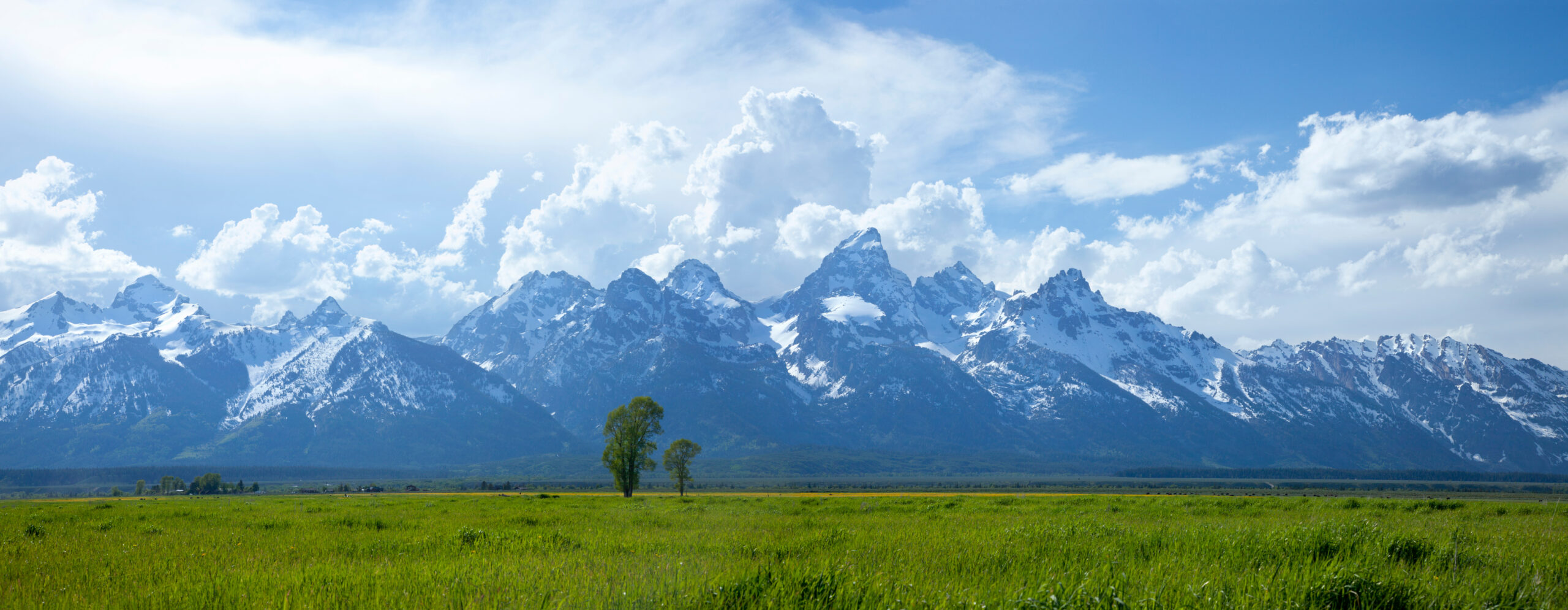 Panorama of the real Grand Teton range in Wyoming, including the prominent Grand Teton summit