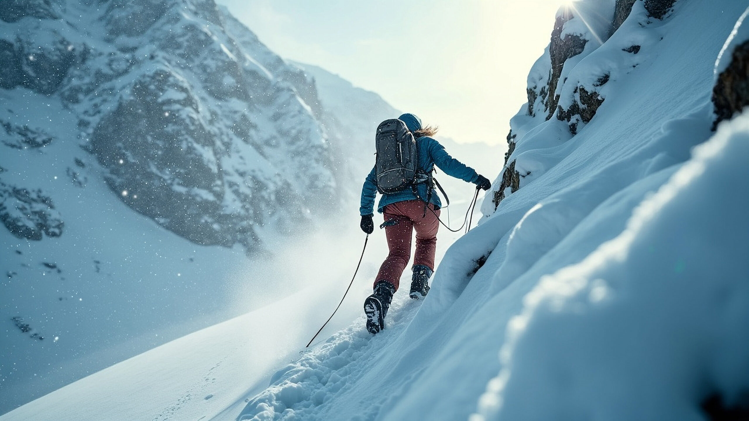 Alpinist in a mountain snowstorm wearing a complete cold-weather clothing system
