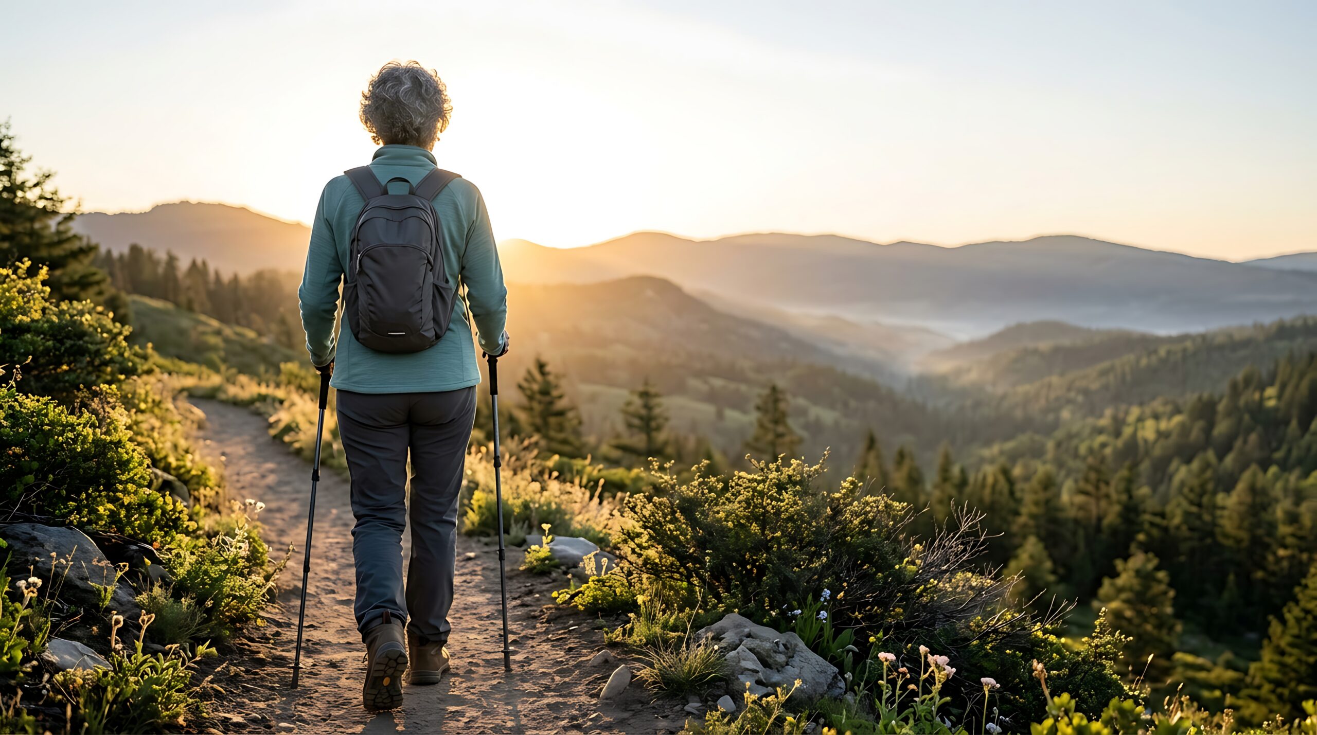 Hiker using trekking poles on a mountain trail