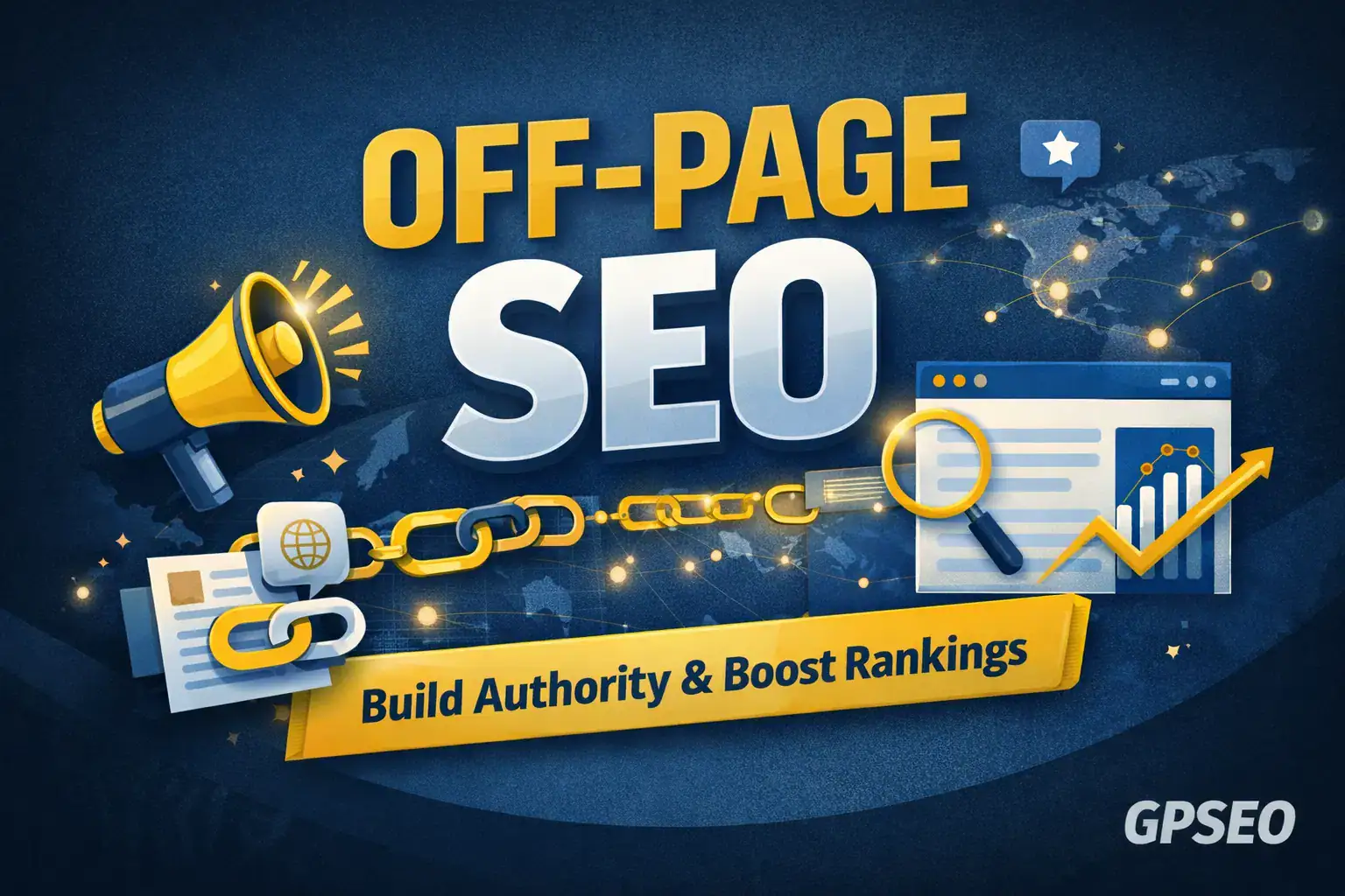 Off-page SEO optimization graphic showing backlinks, authority building, and trust signals.