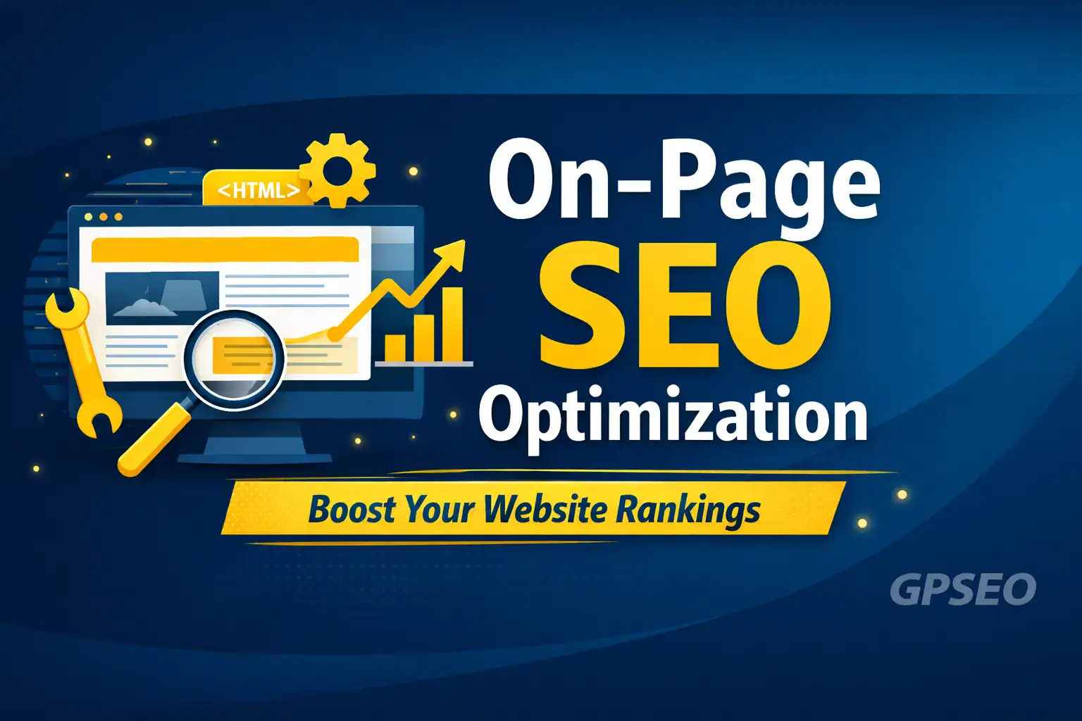 On-page SEO optimization illustration highlighting content structure, keywords, and page elements.