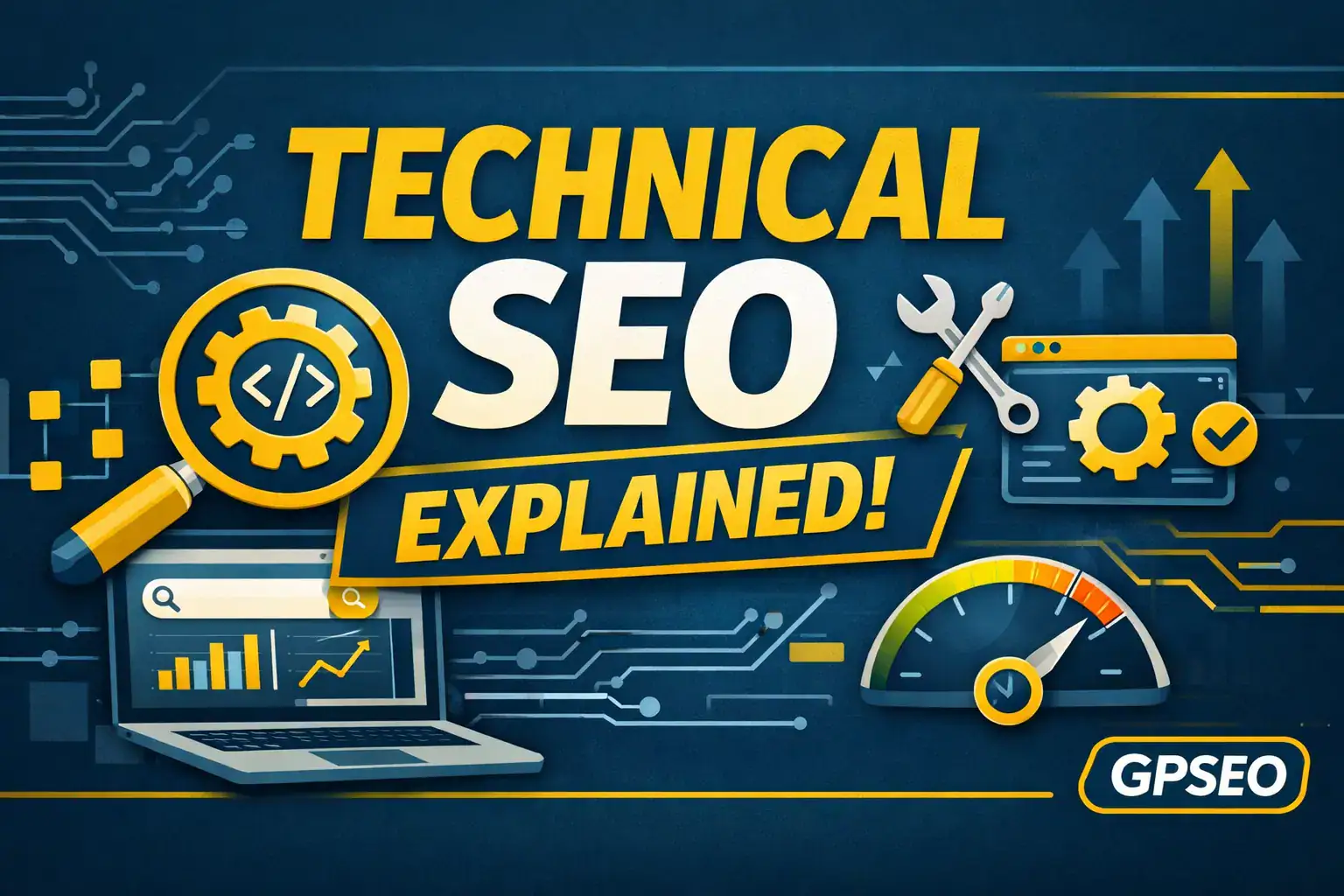 Technical SEO illustration showing website performance, crawlability, and technical optimization.