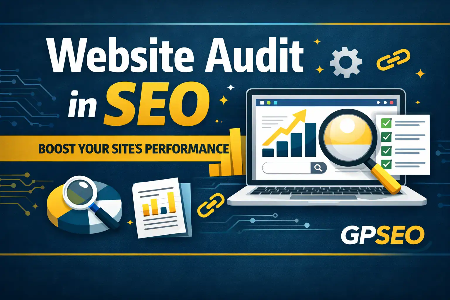 Professional website audit in SEO illustration showing performance analysis, search data, and optimization insights.