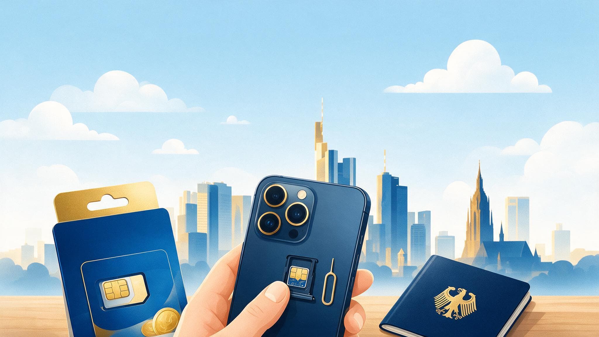 Best SIM card Germany students guide showing a smartphone, prepaid starter pack and passport