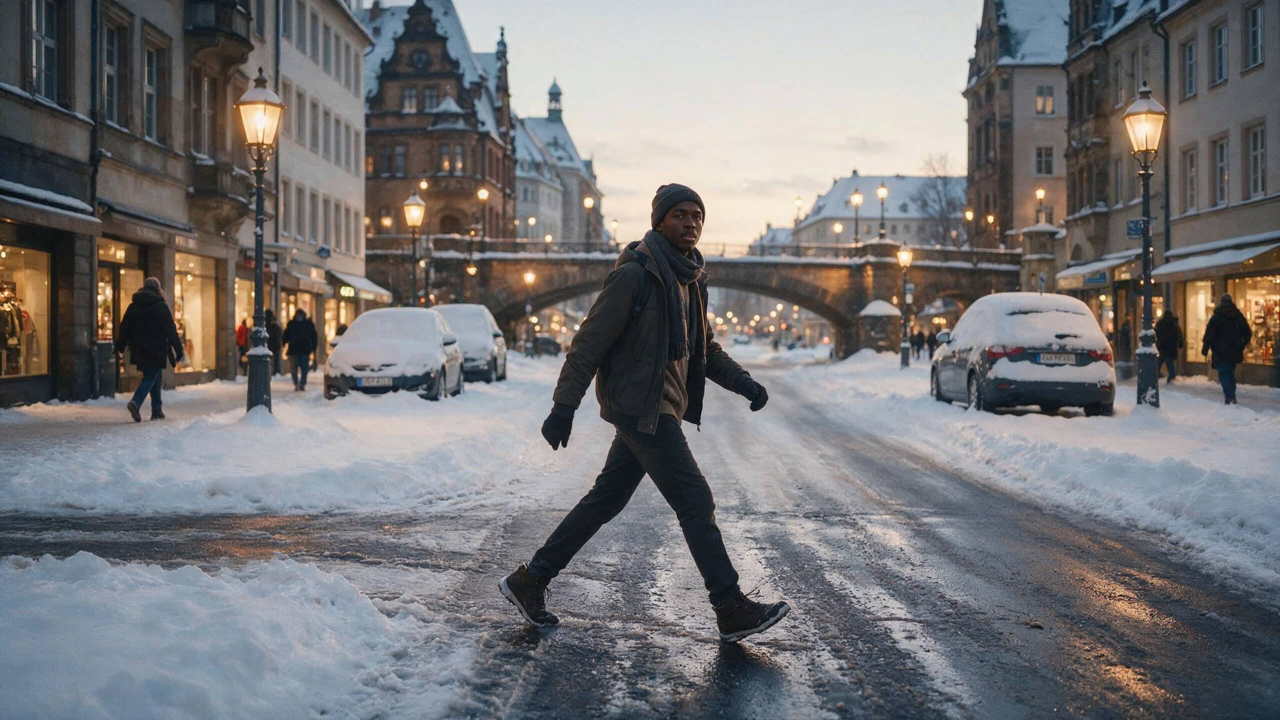 first winter in germany nigerian guide showing a student dressed for cold weather in a German city