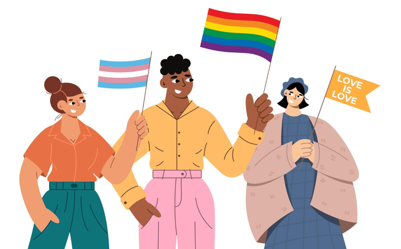 Cartoon illustration of three friends of different races and body types holding flags representing transgender pride, lgbtq pride, and one that says "love is love".