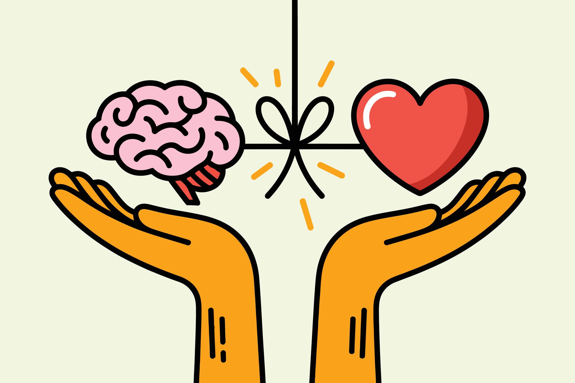 Cartoon illustration of two hands holding a brain and heart tied together on a string.