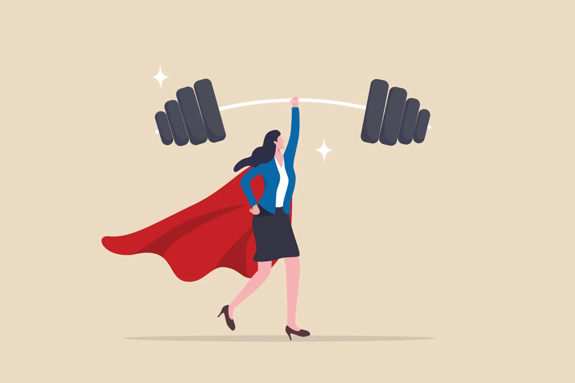 Cartoon illustration of a buisness woman holding up a heavy barbell.