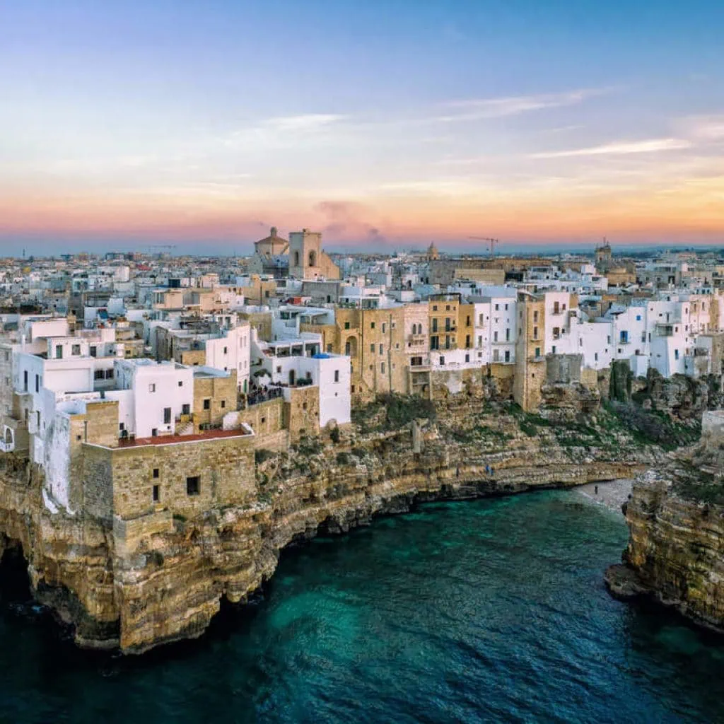Polignano a Mare, Puglia, Italy -  Dramatic Aerial View at Sunset