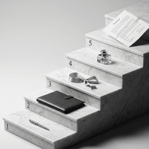 Photo d'un escalier avec la représentation des étapes pour devenir un vendeur de légende pour la formation les étapes clés de la vente