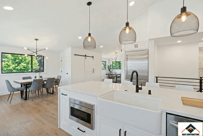 Renovated kitchen space as part of a full home renovation featuring modern finishes and functional layout