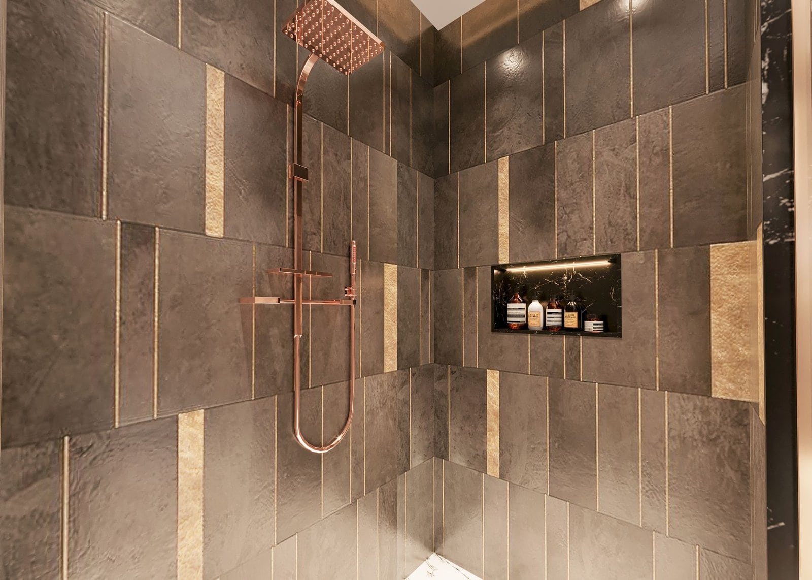 Bathroom Renovation cost in Cambridge - Luxurious modern shower with dark textured tiles and copper fixtures for a sophistica