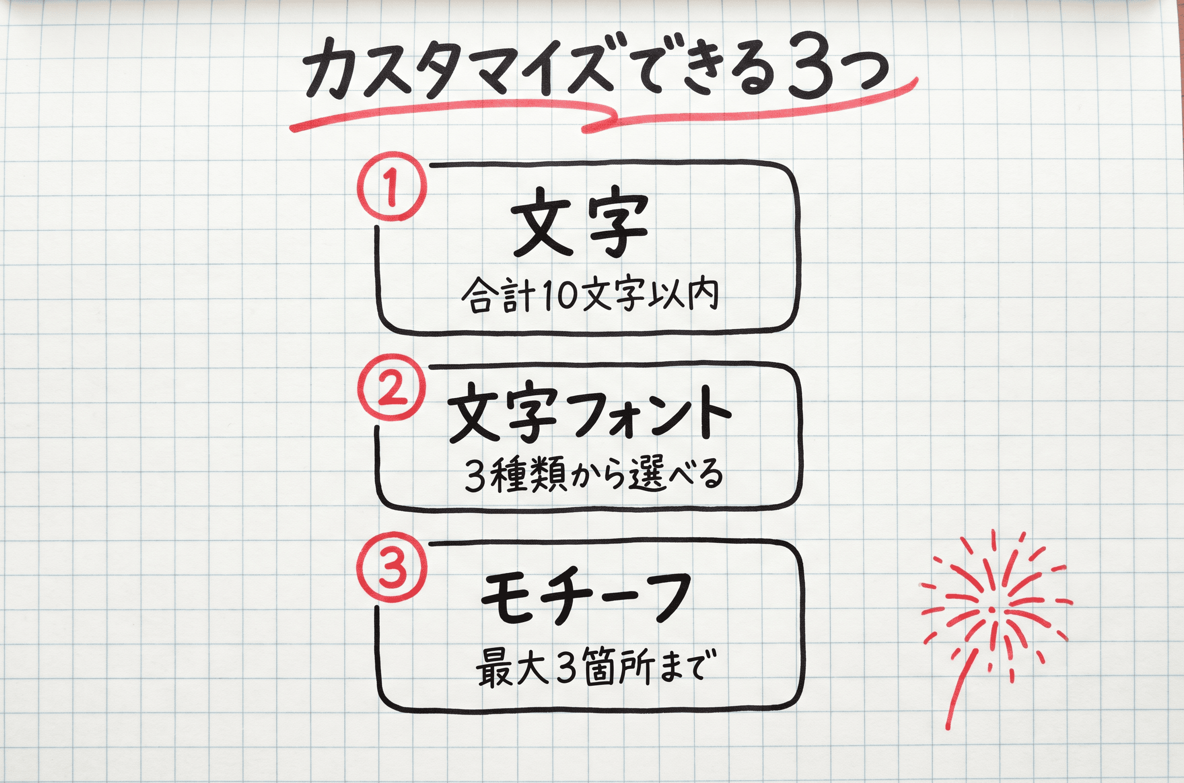 オリジナル花火制作権でカスタマイズできる3つの要素（文字・文字フォント・モチーフ）