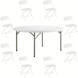 5’ Round Table and 8 White Folding Chairs Package
