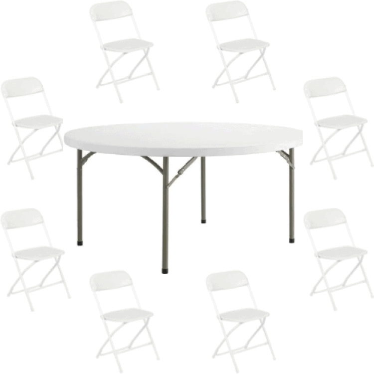 5’ Round Table and 8 White Folding Chairs Package
