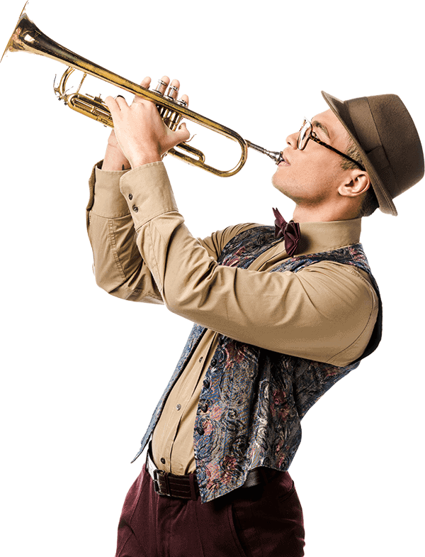 Tom Mulenge's backing Sax player in full signature styling — gold and warm black with sax