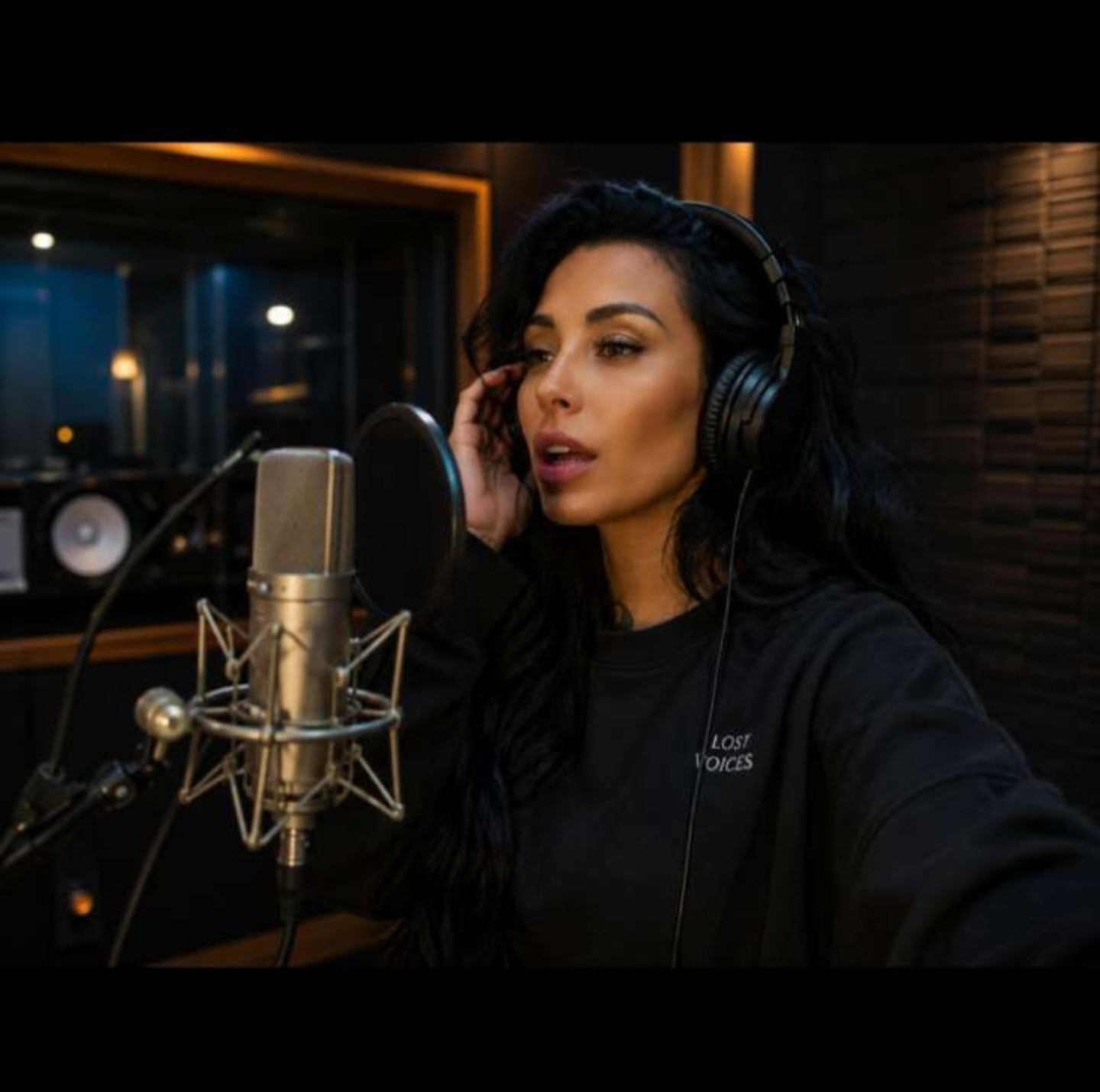 CatalayaX recording vocals in a professional studio wearing headphones and a Lost Voices sweatshirt.