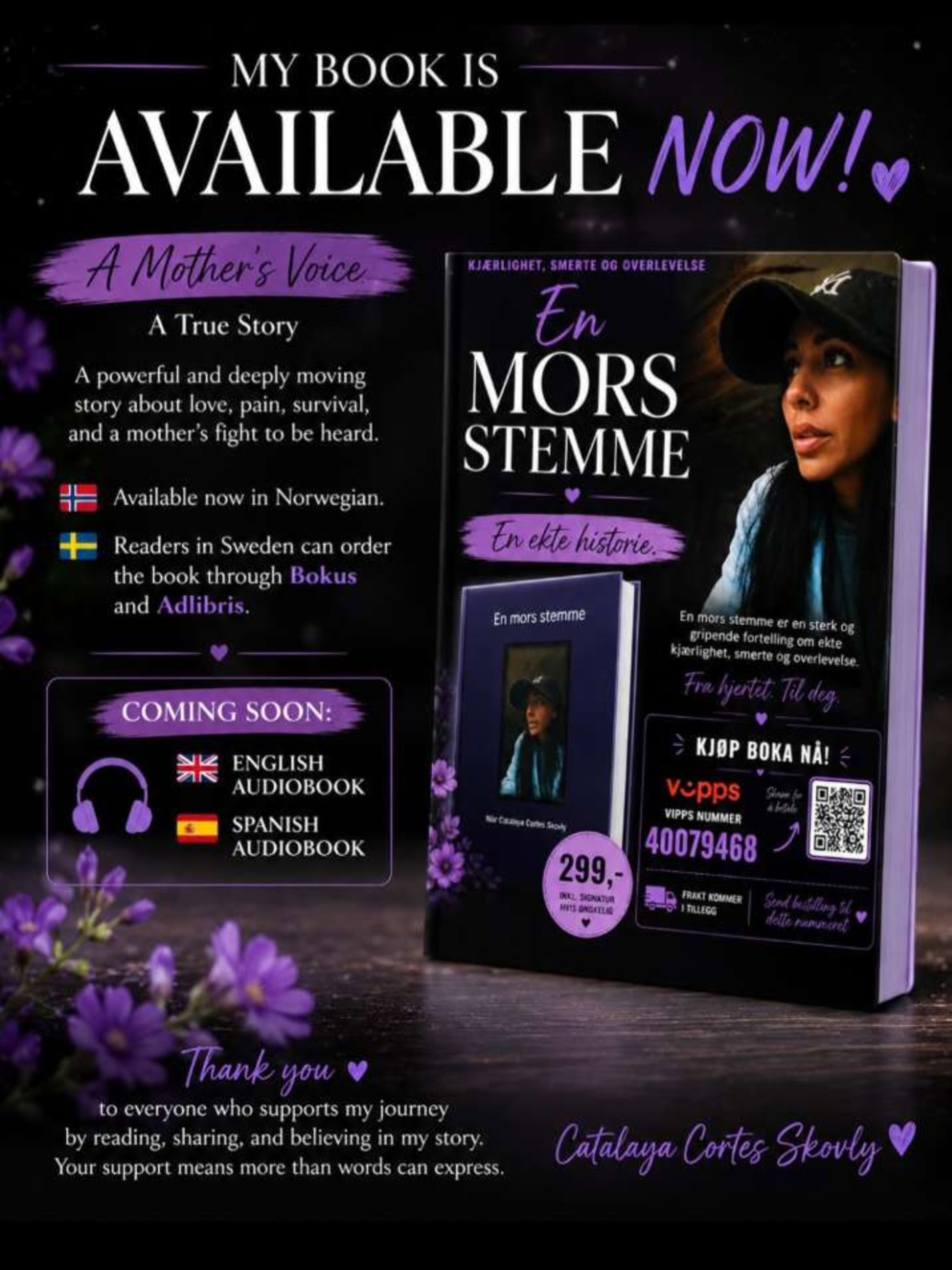 Promotional poster for CatalayaX’s book “En Mors Stemme,” highlighting themes of love, pain, survival, and a mother’s fight to be heard.