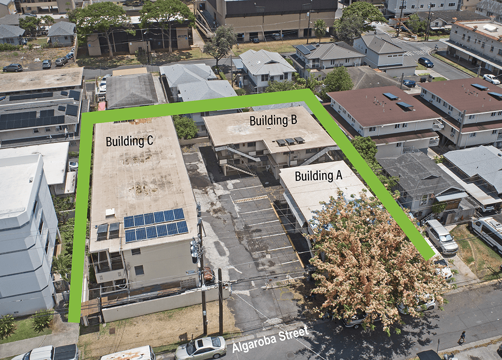 Aerial view of Buildings A, B, and C at 1917 Algaroba Street, a 26-unit apartment investment property in Honolulu's McCully-Mōʻiliʻili neighborhood