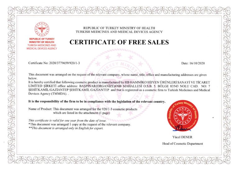 certificate of free sale