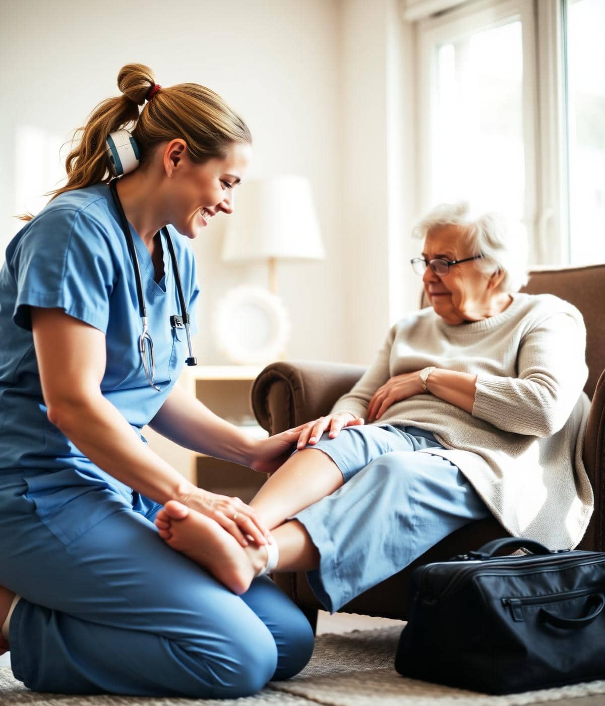 Nurse practitioner treating a patient at home