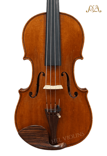 Jean Baptiste Colin 1892 2 | 希爾提琴 HEL Violins Front view of a violin showing the body, strings, bridge, and tailpiece with a chinrest; watermark reads HEL VIOLINS.