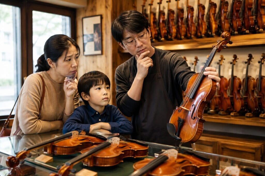 13645b21-fabf-46f7-bb6b-07353ebd52b4 | 希爾提琴 HEL Violins A mother and her young son watch a man in a shop holding a violin, as if learning about instruments together in a violin shop showroom.