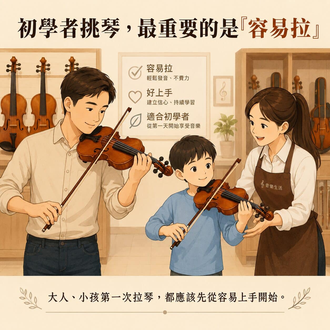 Father and son learning to play violin with a female instructor in a violin shop.