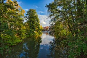 Peaceful river scene in Nuremberg, Germany with lush green trees reflecting in the water.