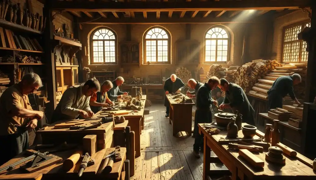 A bustling workshop in the heart of an 18th-century European town, sunlight streaming through the windows illuminating the intricate woodworking techniques of master craftsmen. Skilled artisans from diverse cultural backgrounds gather, sharing their expertise as they chisel, carve, and sculpt fine furniture and architectural elements. The wooden workbenches are covered in an array of tools - chisels, planes, saws - evidence of the active exchange of knowledge and techniques. In the background, piles of freshly milled lumber await transformation, symbolizing the cross-pollination of ideas and the evolution of woodworking traditions through cultural interaction. An atmosphere of collaborative innovation pervades the scene, capturing the spirit of the Industrial Revolution's impact on the rich heritage of global craftsmanship.