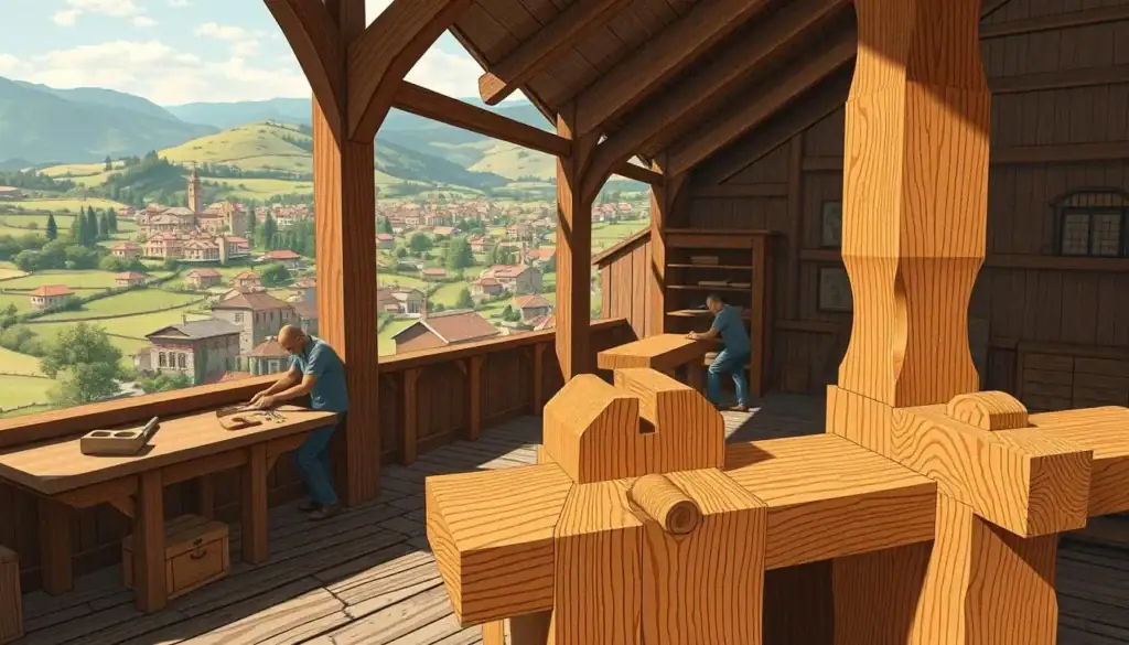 A detailed architectural illustration showcasing traditional wood joinery techniques from various historical cultures. The foreground features a close-up view of intricate dovetail, mortise and tenon, and scarf joints in warm-toned hardwood. The middle ground depicts a workshop setting with artisans skillfully crafting these joints using hand tools like chisels and saws. The background reveals a panoramic landscape of quaint villages and rolling hills, capturing the timeless, rustic atmosphere of the subject. The lighting is soft and natural, highlighting the fine craftsmanship and the rich, textural qualities of the wood. Overall, the image conveys a sense of artisanal tradition, historical significance, and the enduring legacy of these time-honored woodworking techniques.
