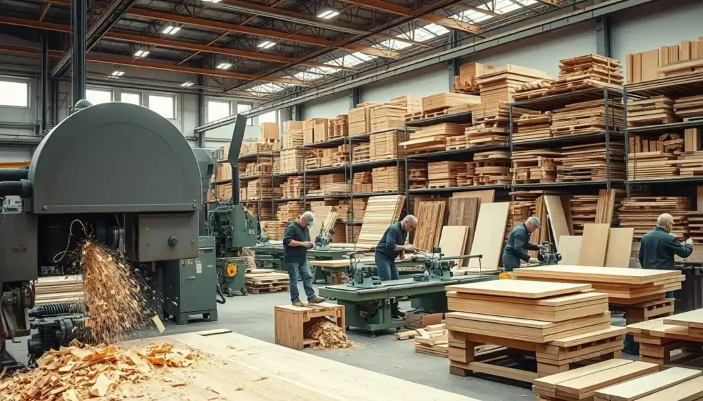 A large, well-lit factory interior filled with a variety of wood-working machinery. In the foreground, a massive industrial-grade band saw slices through a thick log, shavings and sawdust flying. In the middle ground, a team of workers operate a series of electric planers, sanders, and routers, smoothing and shaping wooden beams and panels. In the background, towering shelves and storage racks hold an array of finished wooden products ready for assembly or shipment. A network of overhead conveyor belts transports materials between workstations. The scene has a sense of precision, efficiency, and technological progress, capturing the "Maschinelle Revolution und industrielle Fortschritte" of modern wood-working.