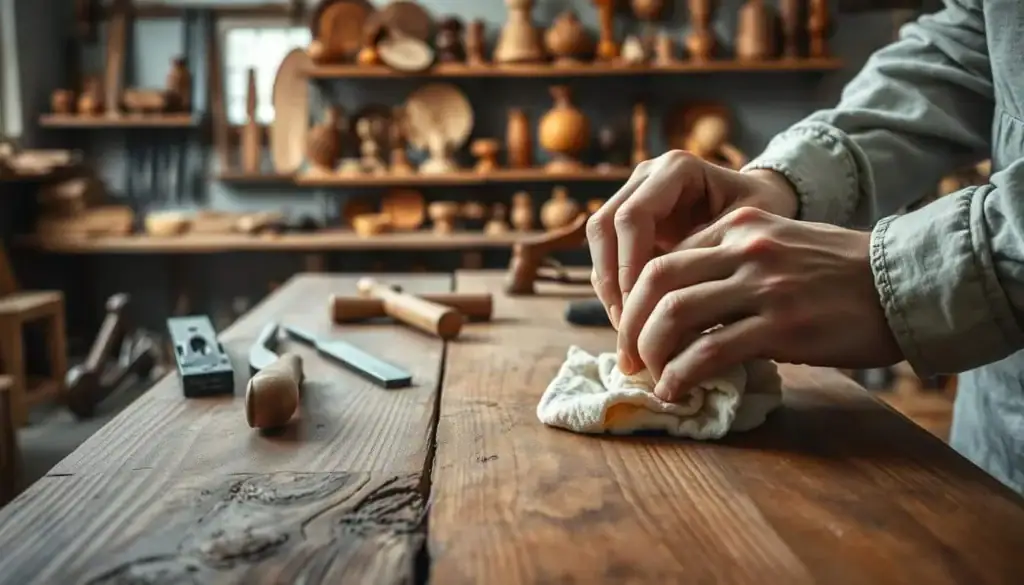A well-lit, high-resolution photograph showcasing traditional woodworking techniques used in the restoration of antique wooden surfaces. In the foreground, skilled hands carefully apply a wood varnish or polish with a soft cloth, highlighting the intricate grains and textures of the material. In the middle ground, various hand tools such as chisels, planes, and sandpaper are arranged, suggesting the meticulous process of surface preparation. The background features a workshop setting, with shelves displaying an array of expertly crafted wooden objects, conveying a sense of time-honored craftsmanship. The overall composition evokes a serene, contemplative atmosphere, inviting the viewer to appreciate the artistry and dedication inherent in the restoration of antique wooden surfaces.
