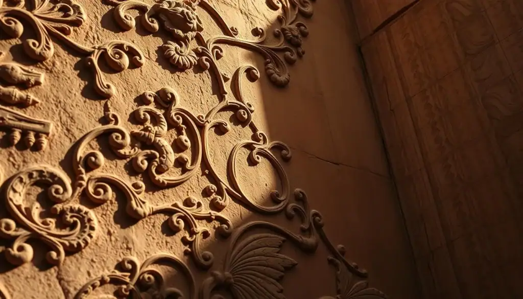 Detailed intricate relief structures adorning ancient walls, showcasing exquisite craftsmanship. Undulating patterns and organic textures etched into the plaster, casting dramatic shadows and highlights. Ornate designs with a timeless, tactile quality, evoking a sense of history and human touch. Warm, muted tones with a slight patina, illuminated by soft, directional lighting that accentuates the depth and dimensionality of the relief. Captured from a low angle to emphasize the architectural scale and majestic presence of these decorative surface techniques. An atmosphere of reverence and appreciation for the skilled artistry of the past.