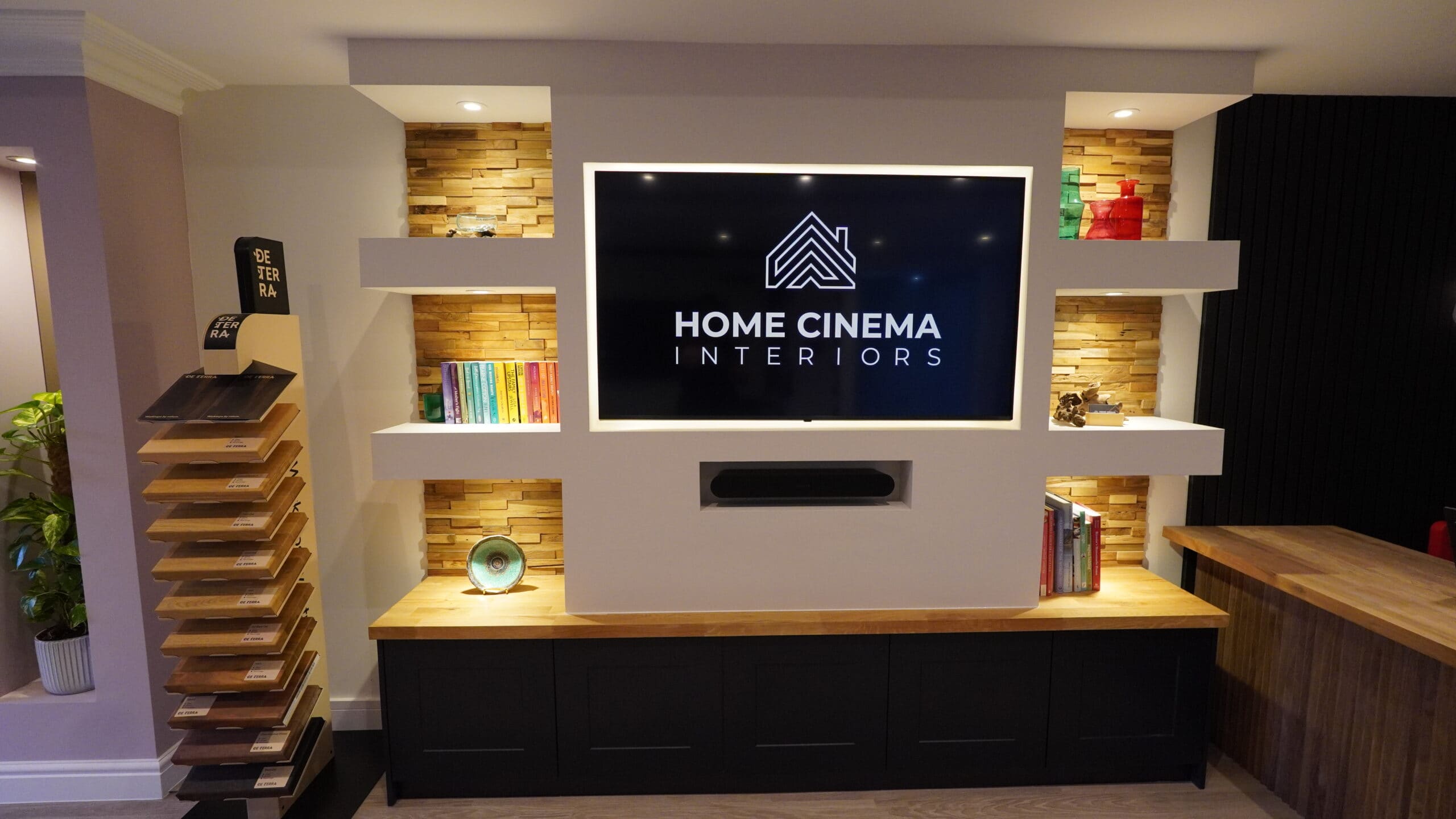 Showroom Floating Shelves Media Wall Teak Howdens Cupboards
