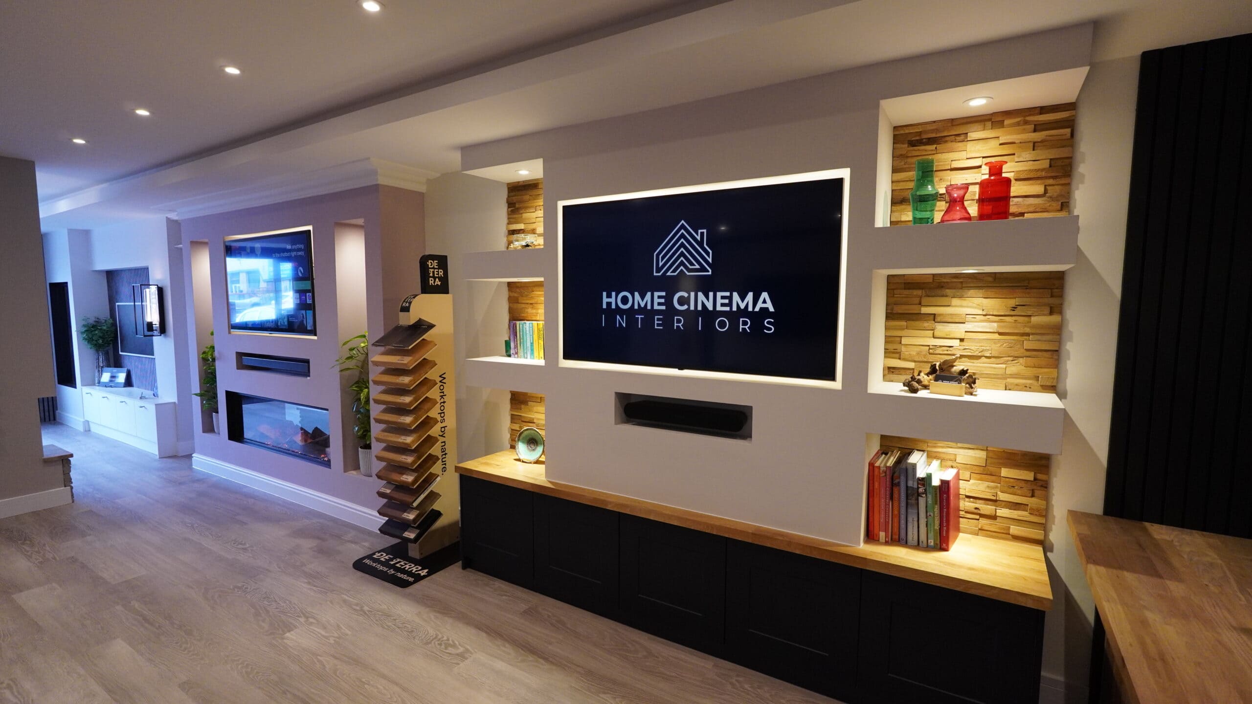 Showroom Floating Shelves Media Wall Teak Howdens Cupboards