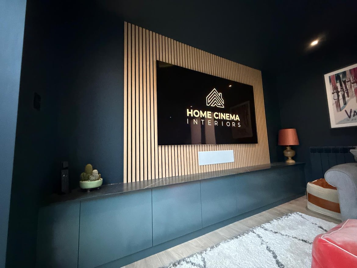 Media Room, Slat Panels, Painted Ceiling, Storage Cupboards